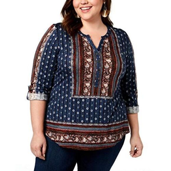 Style & Co Plus Size Mixed Print Peasant Top - Picture 2 of 3